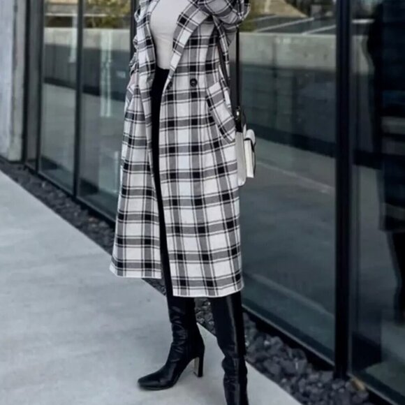 ZARA WOMEN PLAID KNIT COAT OVERSIZED CHECK DOUBLE BREASTED 6873/159 ECRU M NWT - Picture 4 of 9